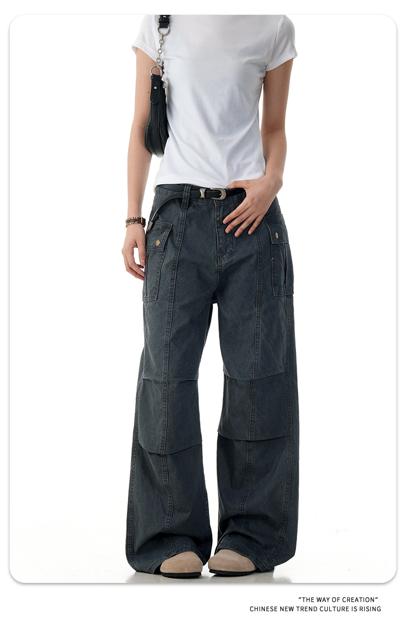 Flared Work Pants for Men and Women Slim Multi-Pocket Simple Loose Casual Pure Cotton Long Pants