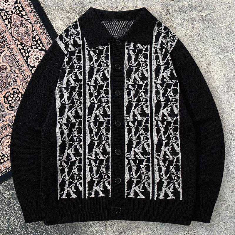 Letter Jacquard Knit Cardigan Sweater Autumn Winter New Arrival High-Quality Notched Collar Loose Casual Knitwear