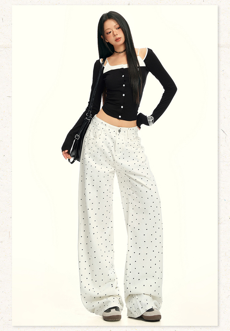 Women's Black and White Polka Dot Slimming Loose Straight Jeans High Waist Wide Leg Pants