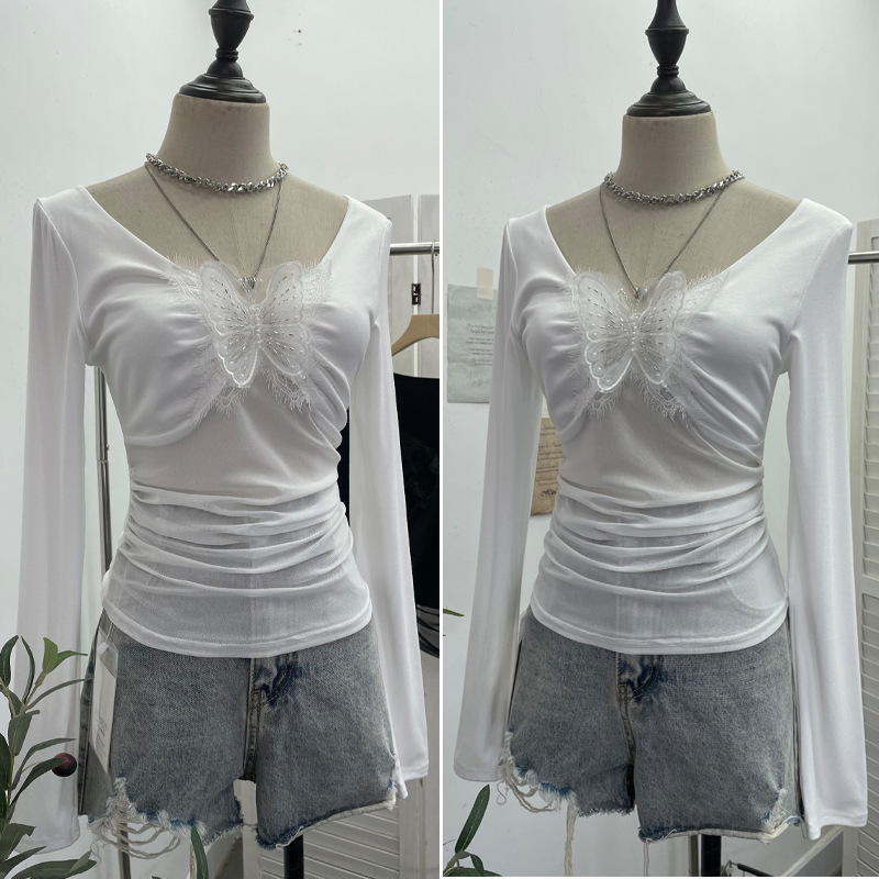 Full Sleeve V-Neck Openwork Slim Fit Tee