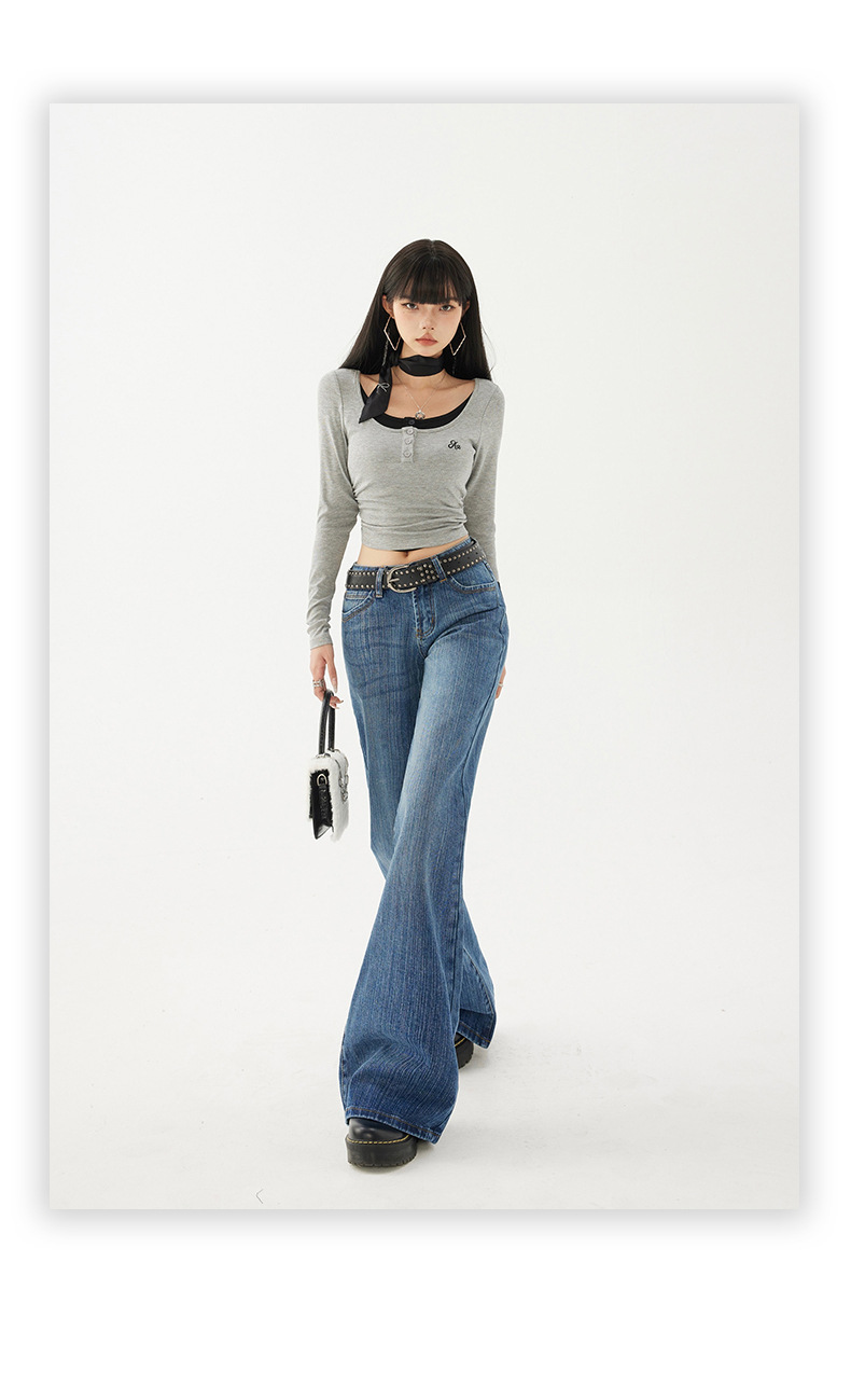 Women's Pattern Low Waist Flared Jeans Non-clinging Loose Trumpet Pants