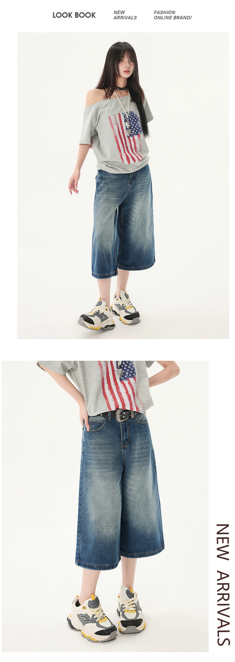 Women's Washed Seven-Quarter Denim Pants Loose Straight Wide-Leg Mid-Length Trousers