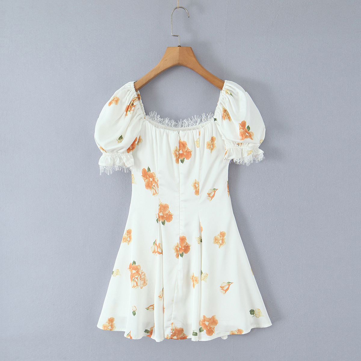 Box Neck Puff Mini Flower Dress