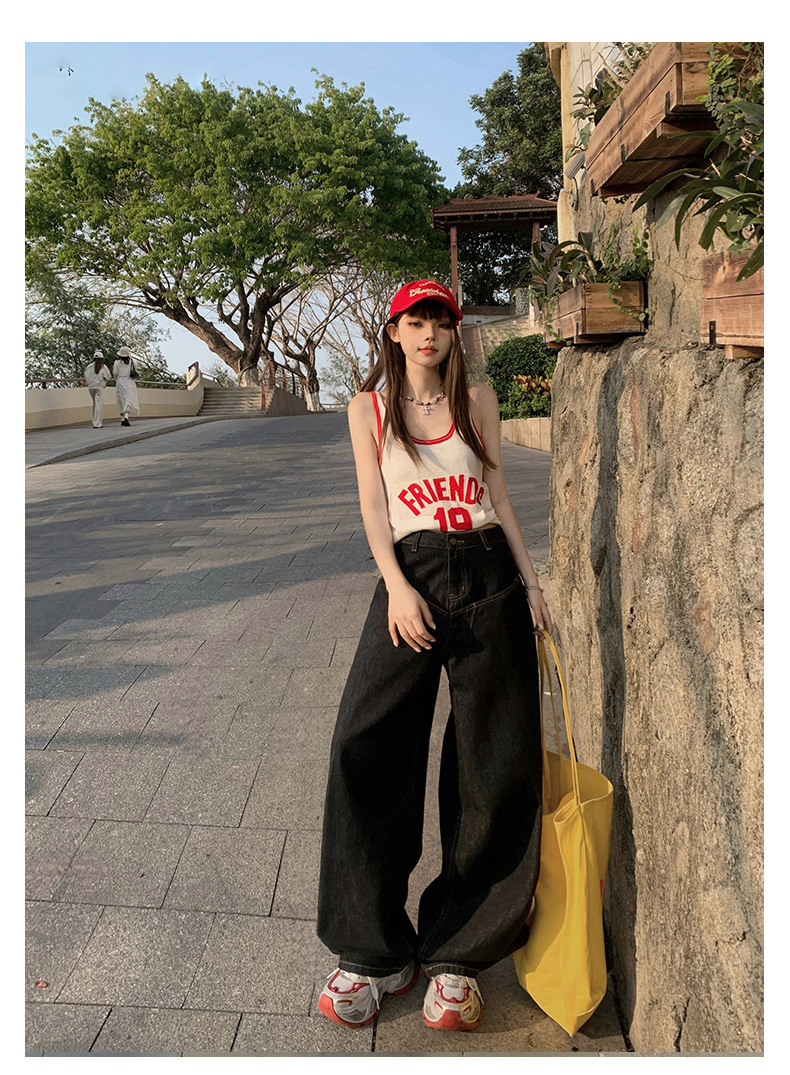 Loose Wide-Leg Jeans for Women Casual Drop-Crotch Pants with Drapey Patchwork Design