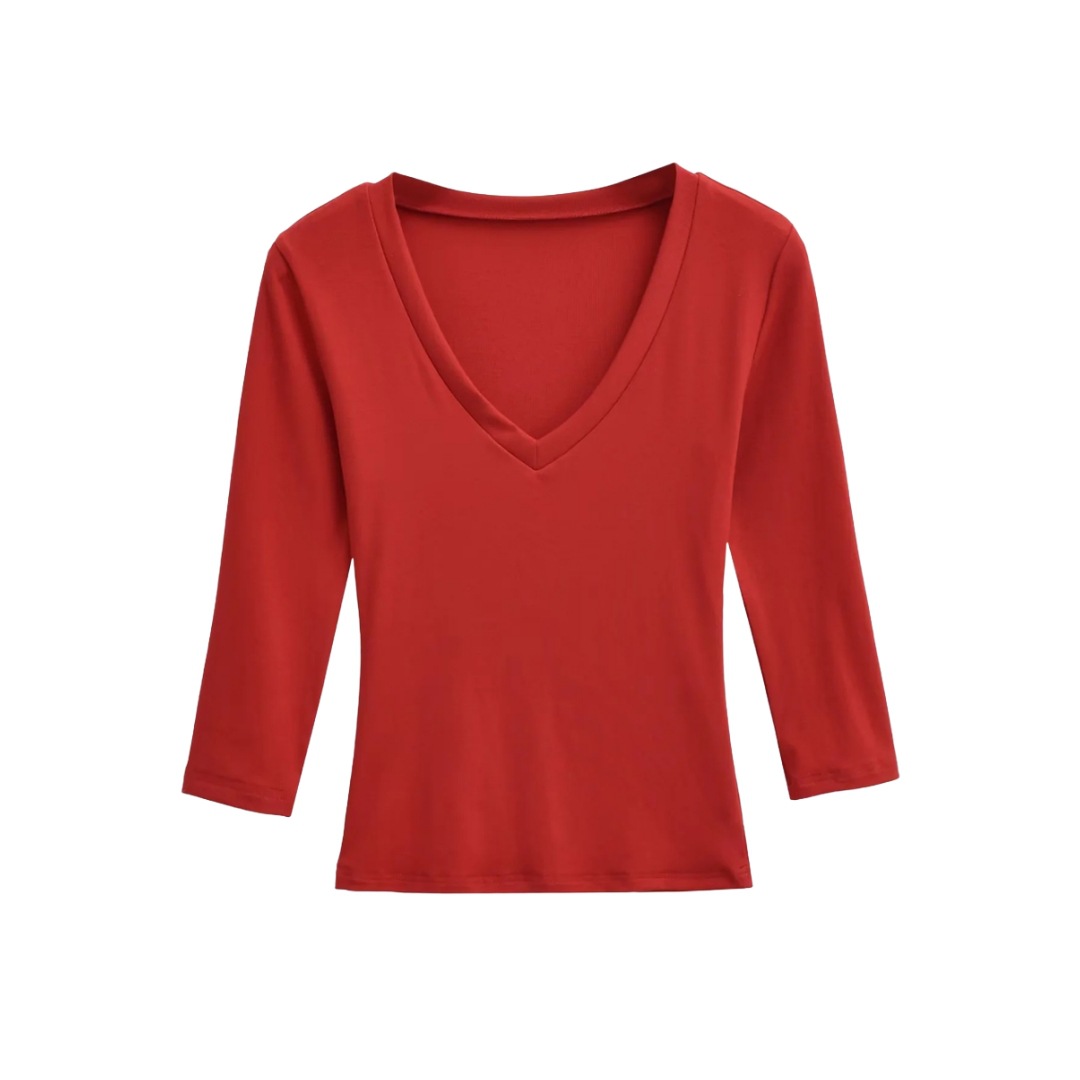 Ladies Streetwear Plain Stretch Elbow-Length Plunge Layering Tee