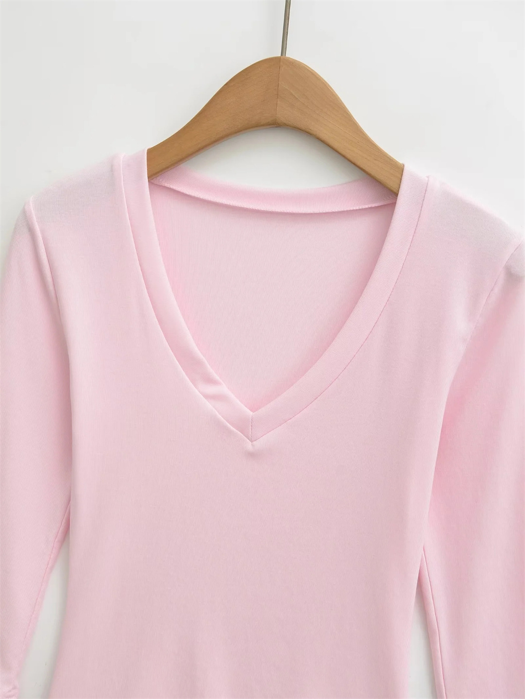 Ladies Streetwear Plain Stretch Elbow-Length Plunge Layering Tee