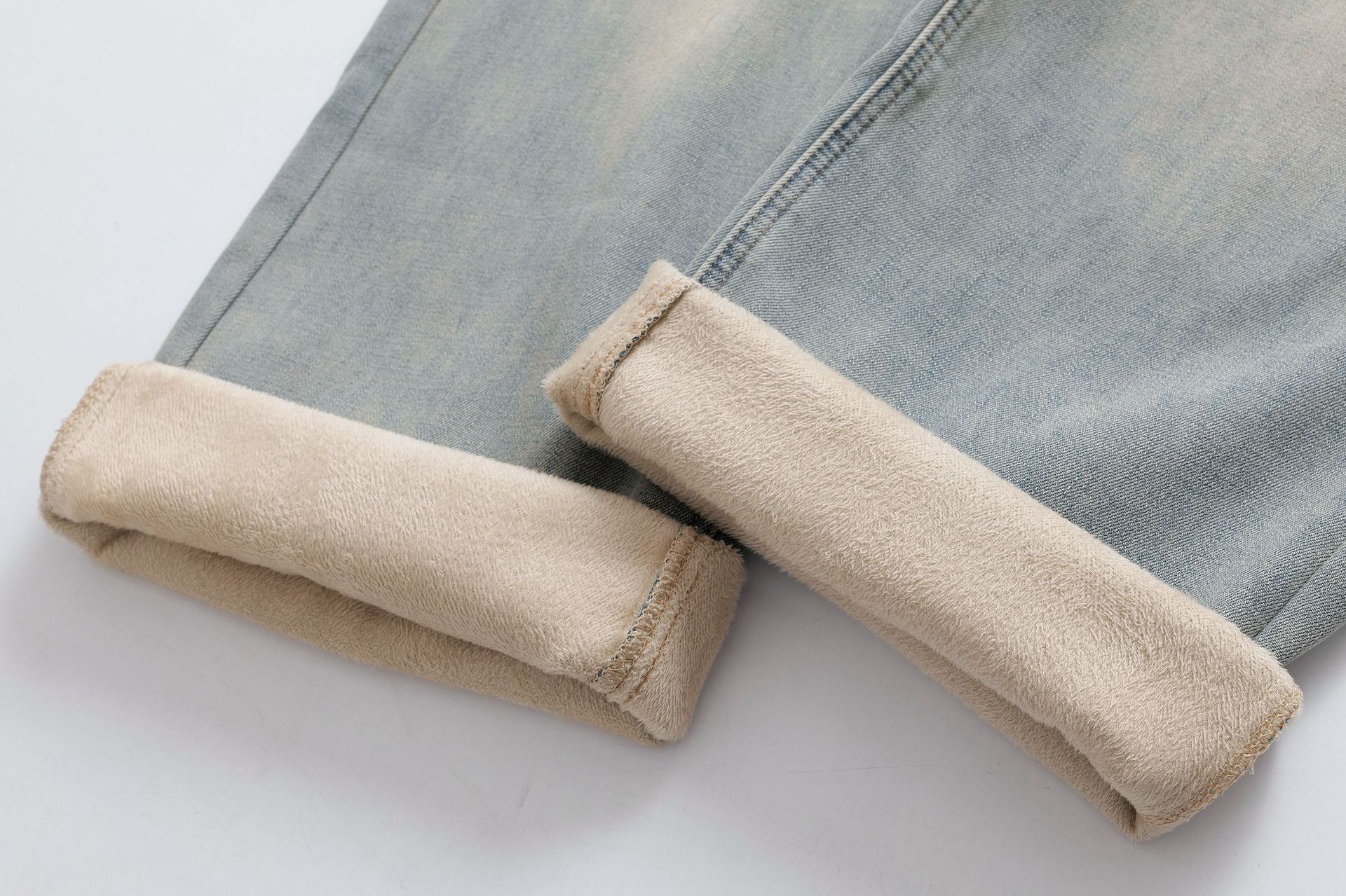 Vintage washed light blue warm and plush long straight leg jeans