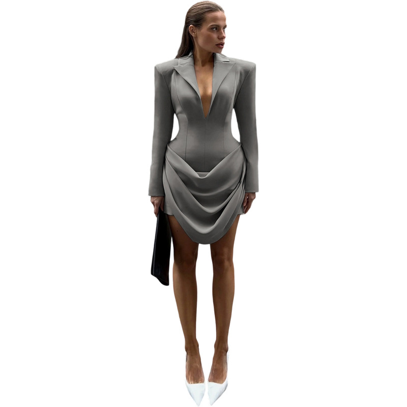 Plunging Neckline Fitted Nipped-In Polyester Dress