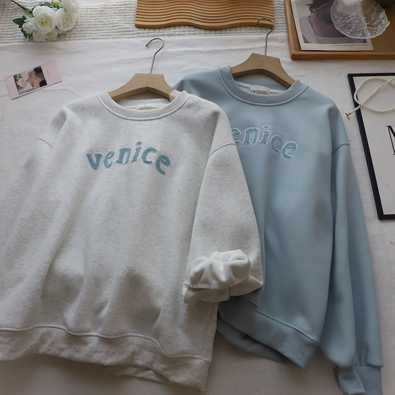 Letter Towel Embroidery Fleece Lined Thick Loose Casual Hoodie for Women