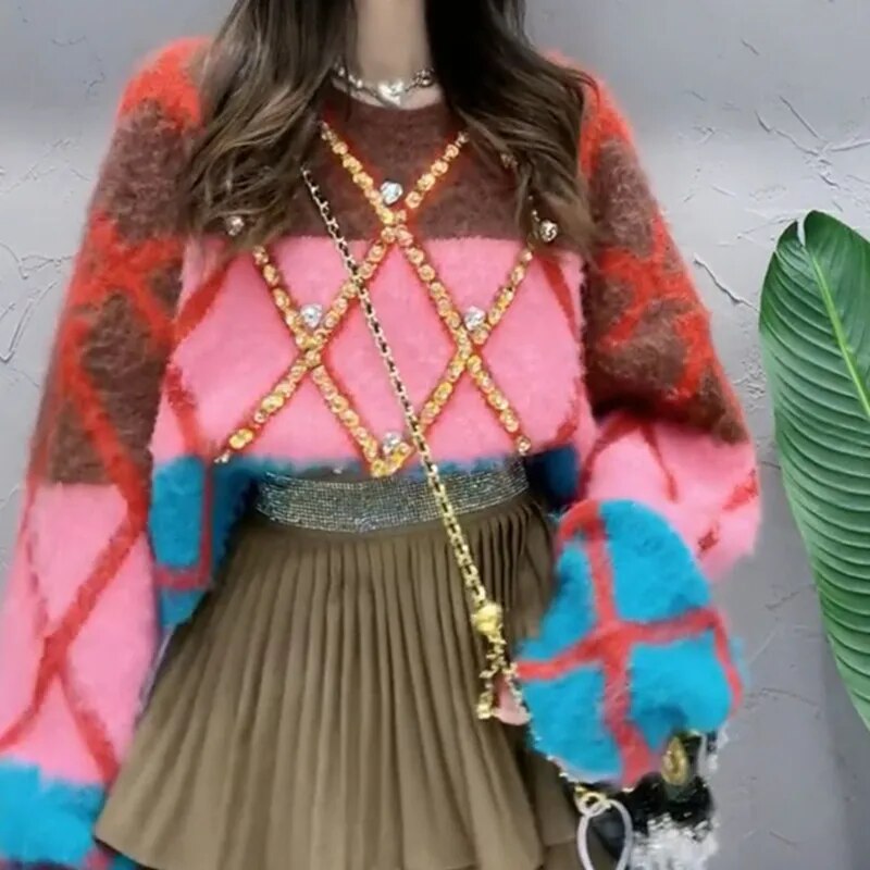 Two-Tone Beaded Cotton Oversized Cropped Sweater