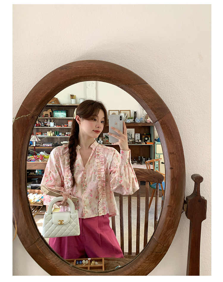 V-Neck Long Sleeve Girlfriend Fragmented Flowers Shirt