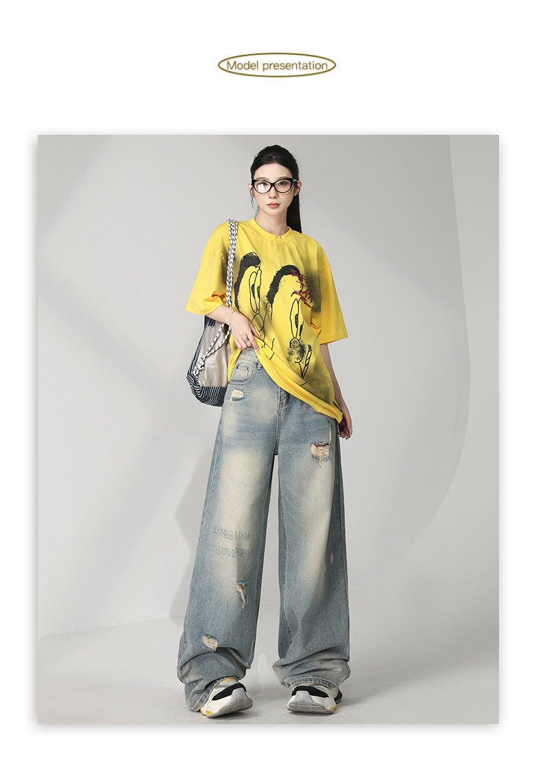 Retro Distressed Washed Ripped Jeans Women Loose High Waist Slim Wide Leg Floor-Length Pants