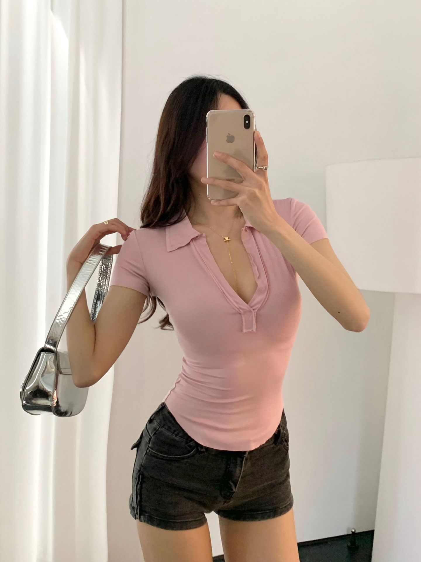Plain Spandex Plunge Frayed Rounded Slim Tee