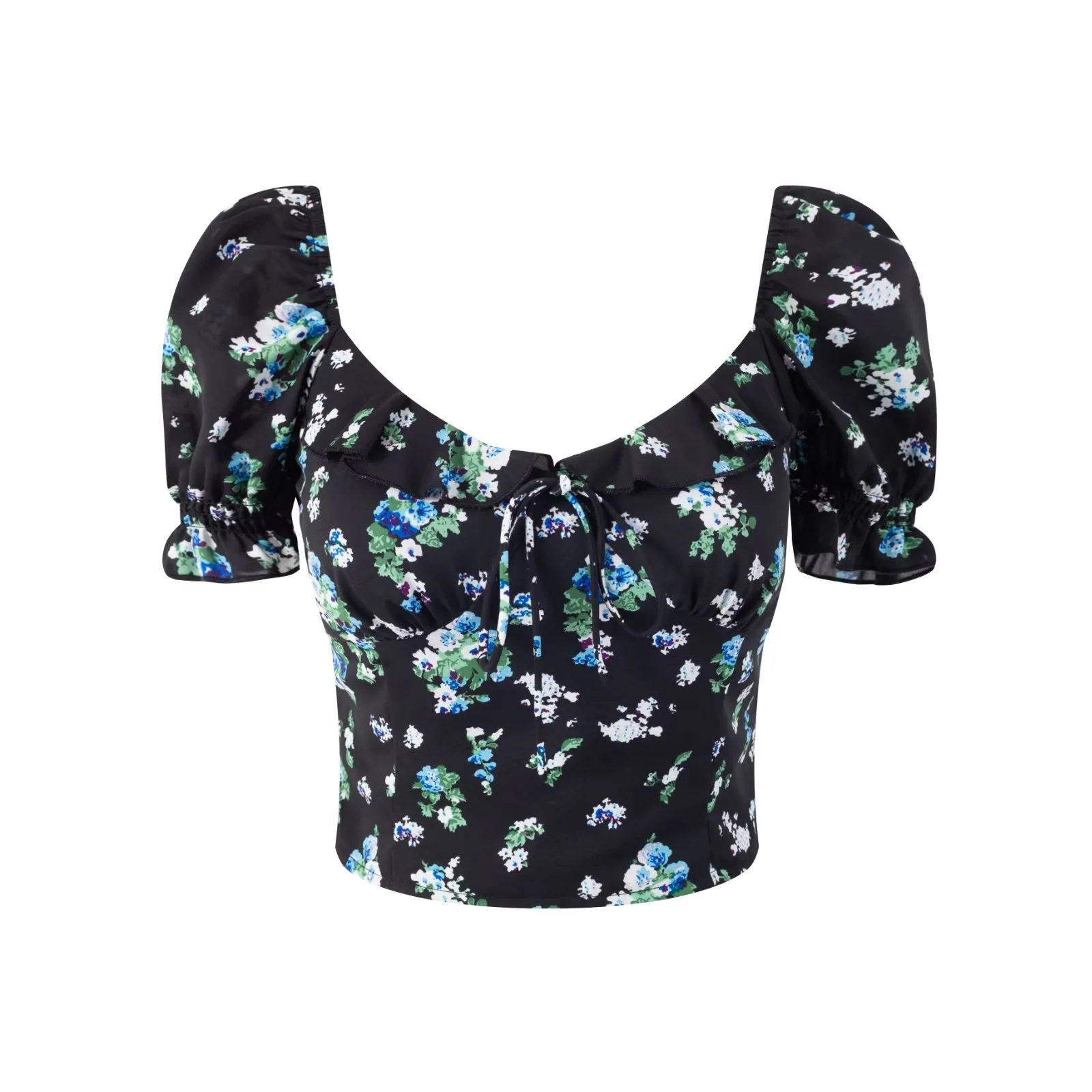Straight Neck Tie Front Flower Puff Shirt