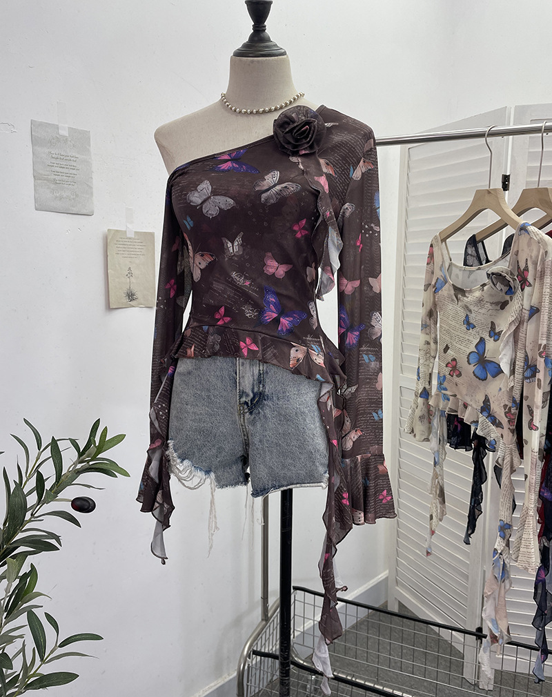 Asymmetric Pointed Floral Off-Shoulder Full Sleeve Top