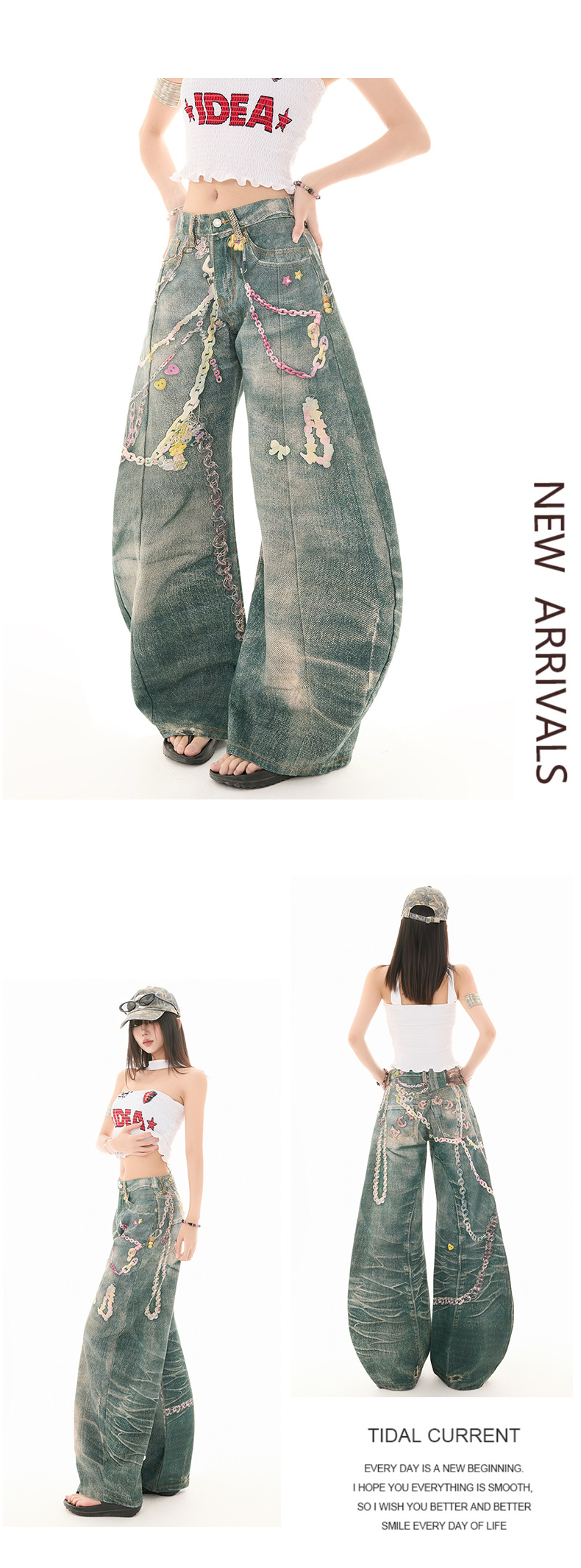 Women's Denim Pants Version High Street Wide-Leg Floor-Length Trousers