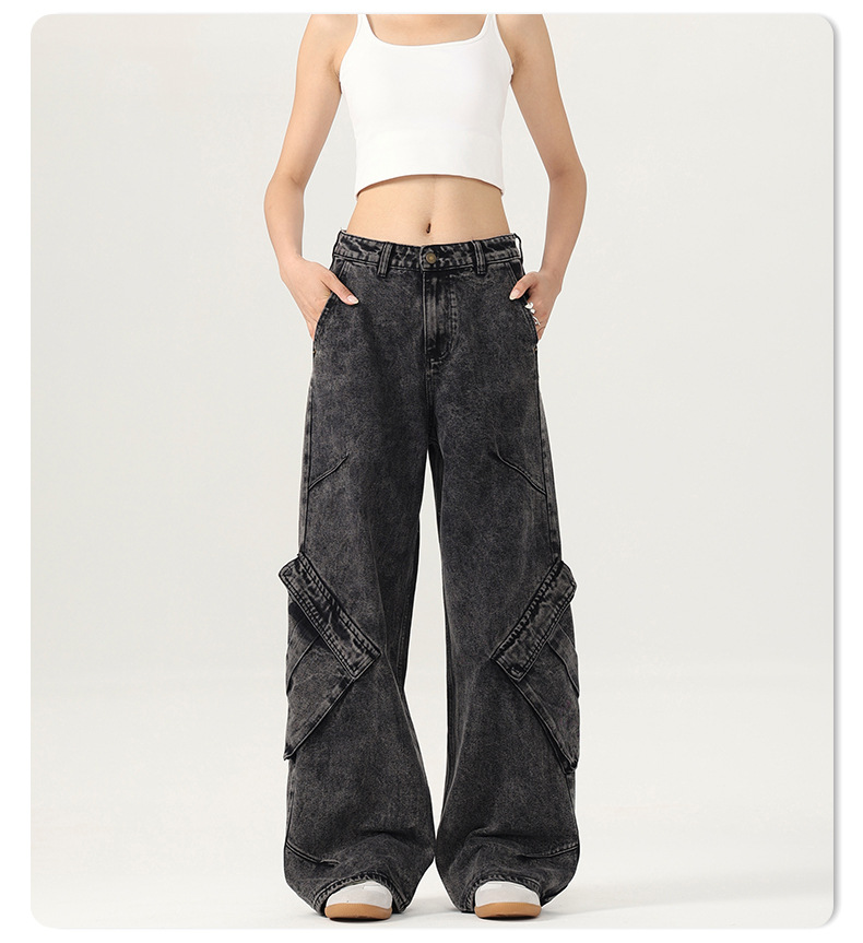 Women's Black and Gray Washed Denim Pants Summer Irregular Wide-Leg Trousers