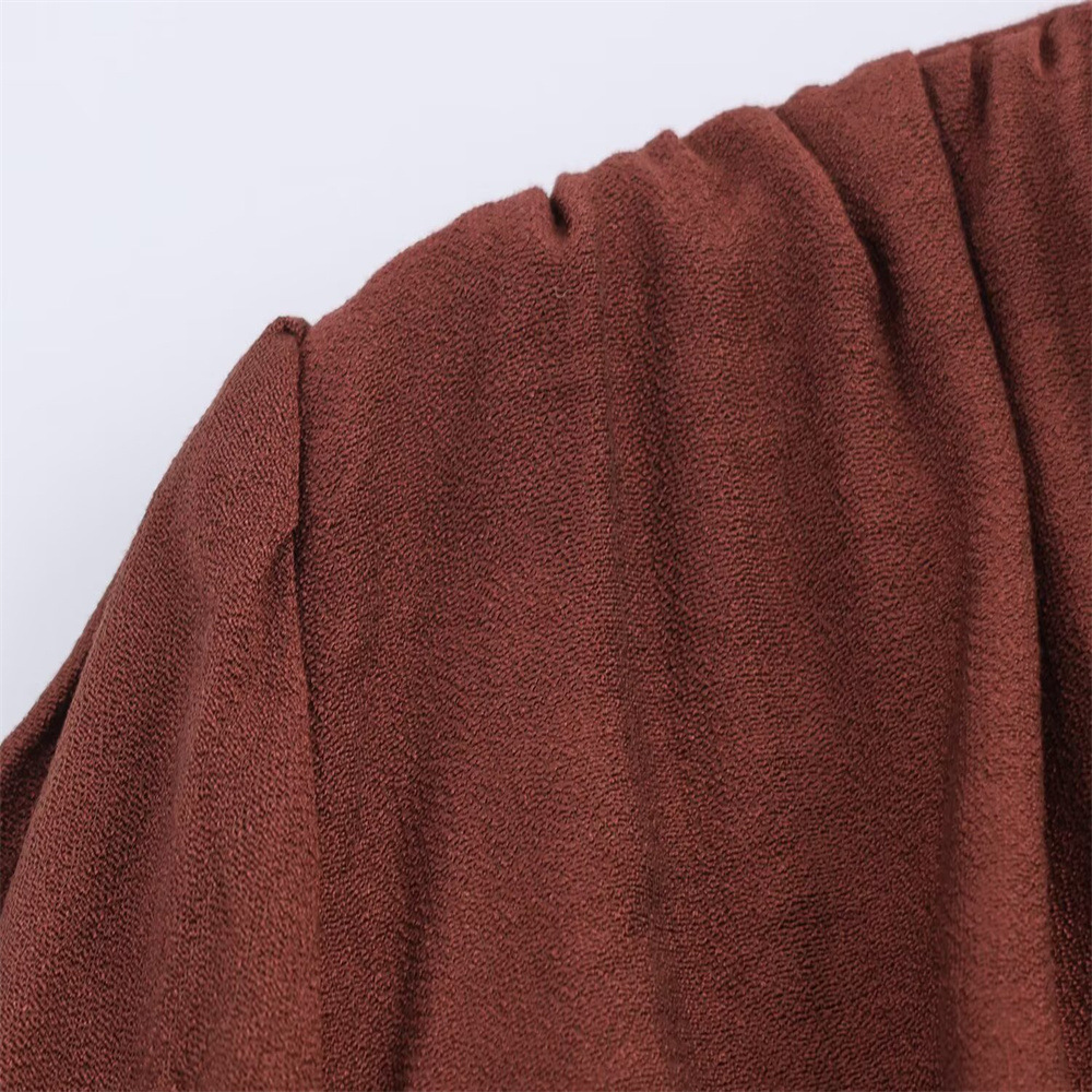 Deep V-neck long sleeved waist cinched pleated long skirt dress for women