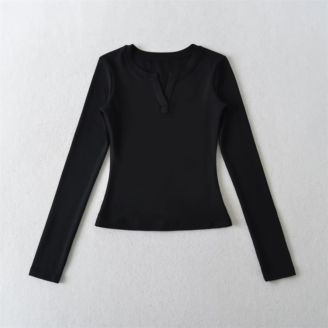 Private Lady Slim Fit Plunge Plain Wrist-Length Tee