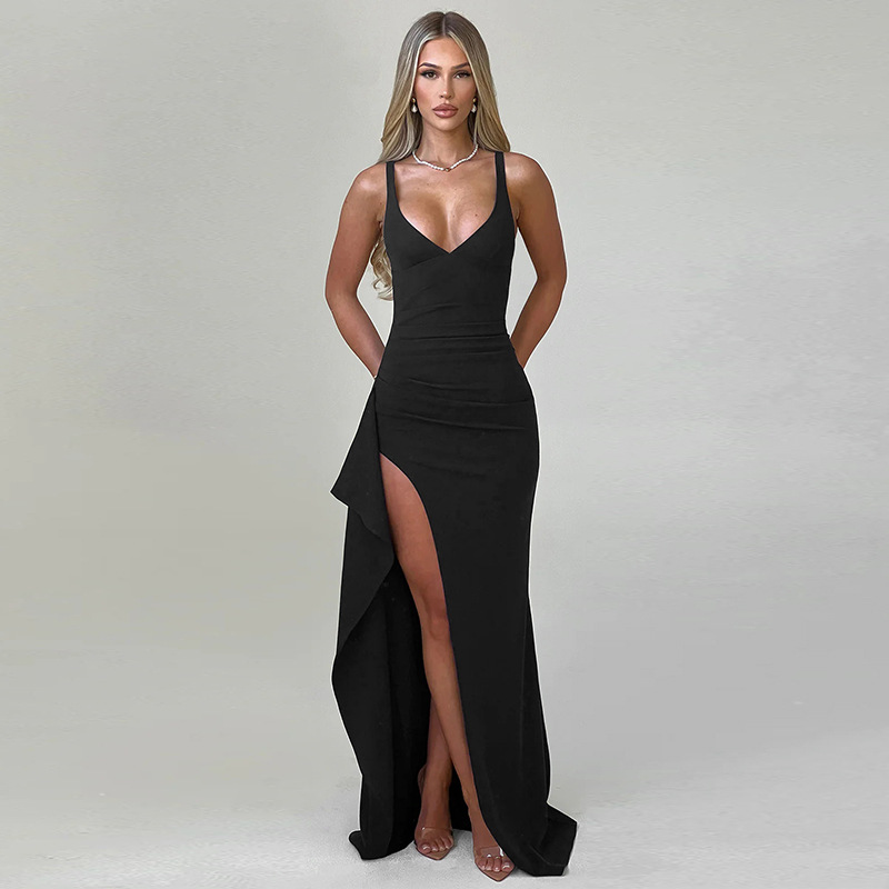 Frilled Bodycon Plunging Step Skirt Dress