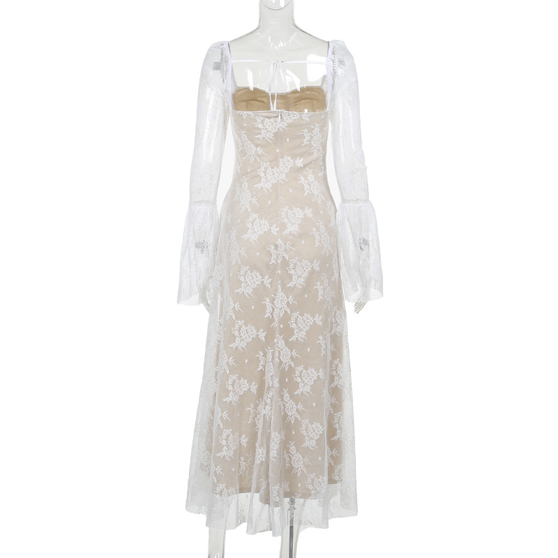 Square Neck Long Sleeve Polyester Maxi Dress