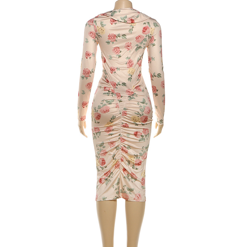 High Waist Asymmetric Full Sleeve Midi Pencil Dress