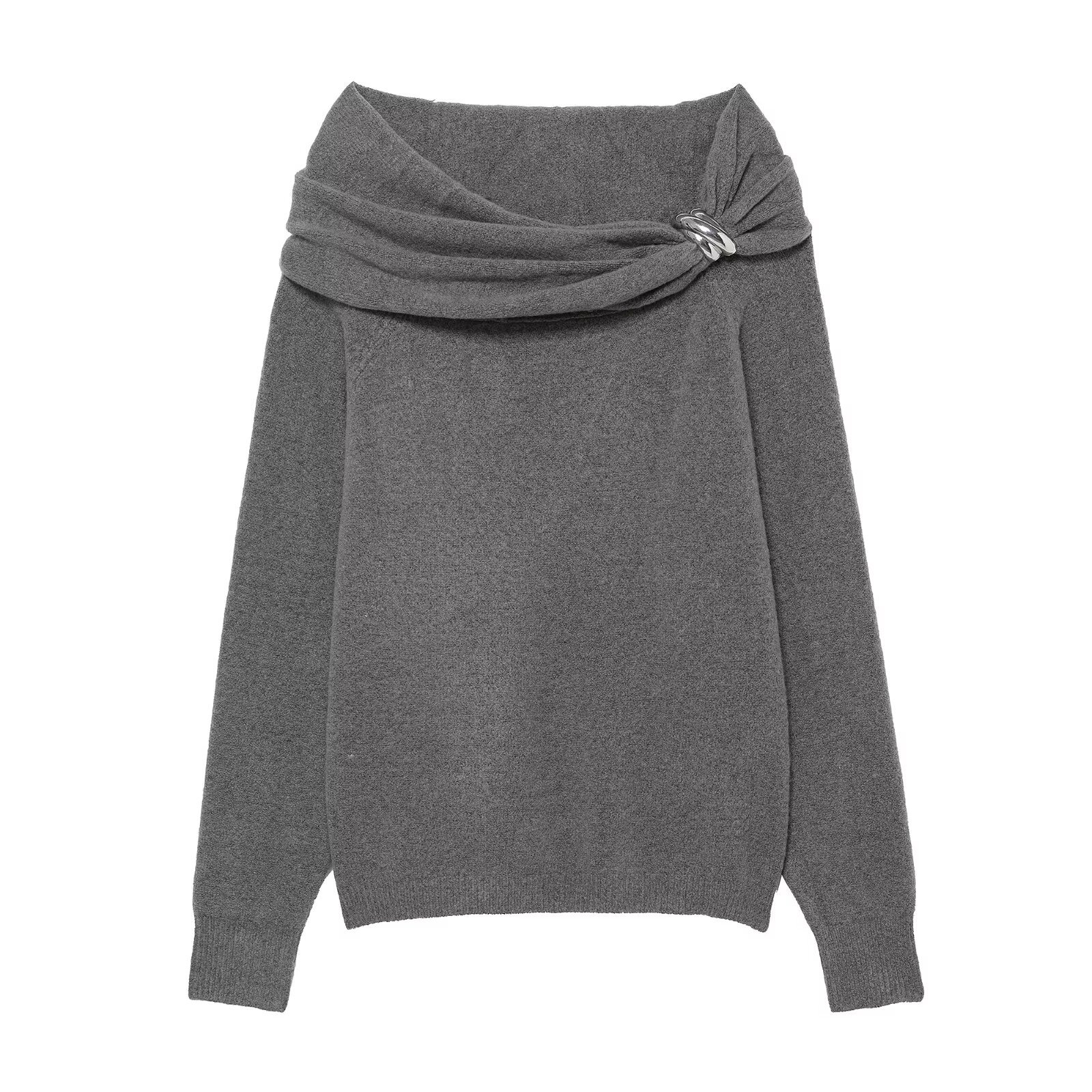 Solid Bardot Embellished Long Sleeve Knit