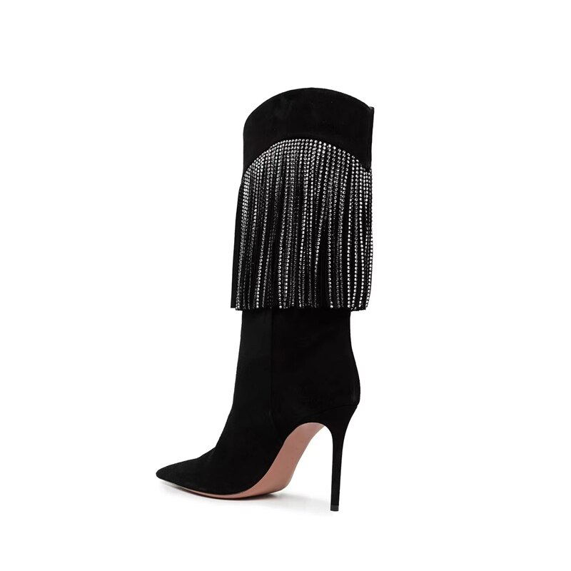 Autumn New Women's Pointed Toe Rhinestone Boots Silver Tassel Stiletto Suede Boots Black Super High Heels 34-43 Size
