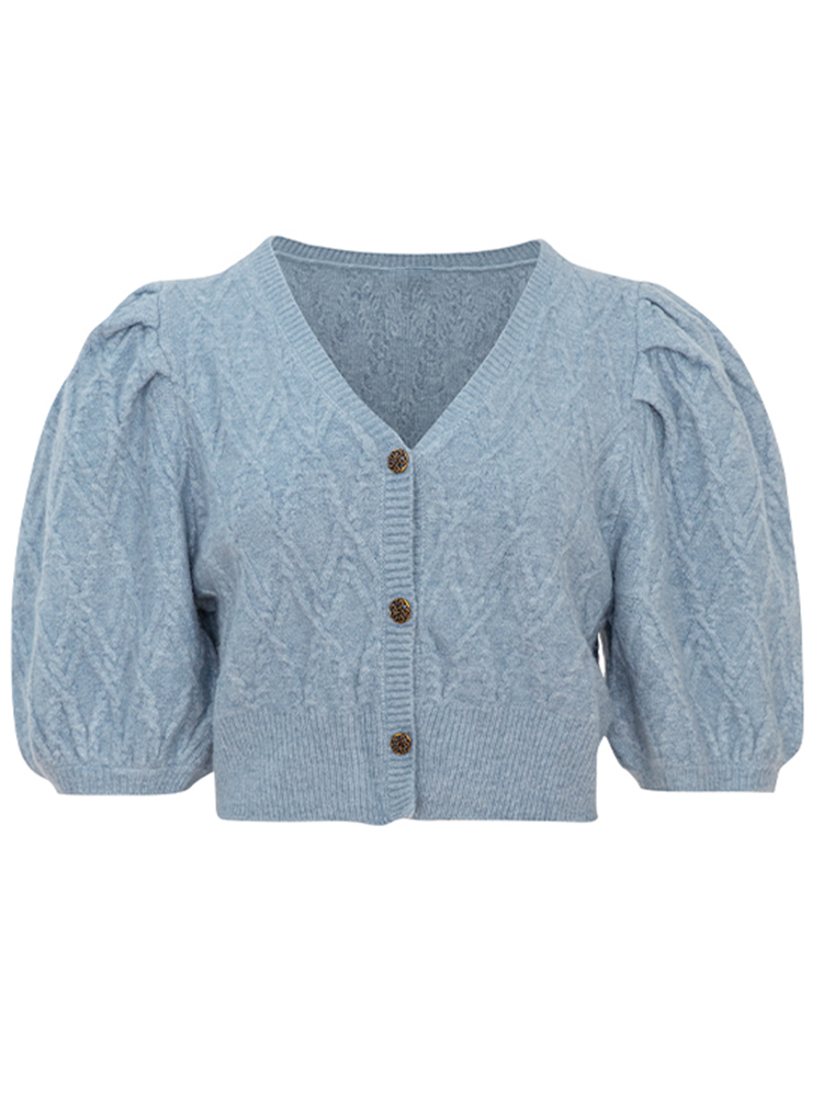 Plain Acrylic Plunge Puffed Button-Front Fitted Cardigan