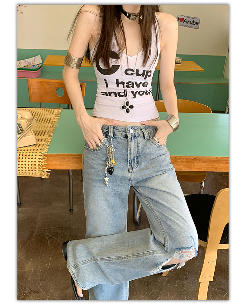 Light Blue Distressed Wide-Leg Jeans Women Retro Design Loose Straight Pants High Street
