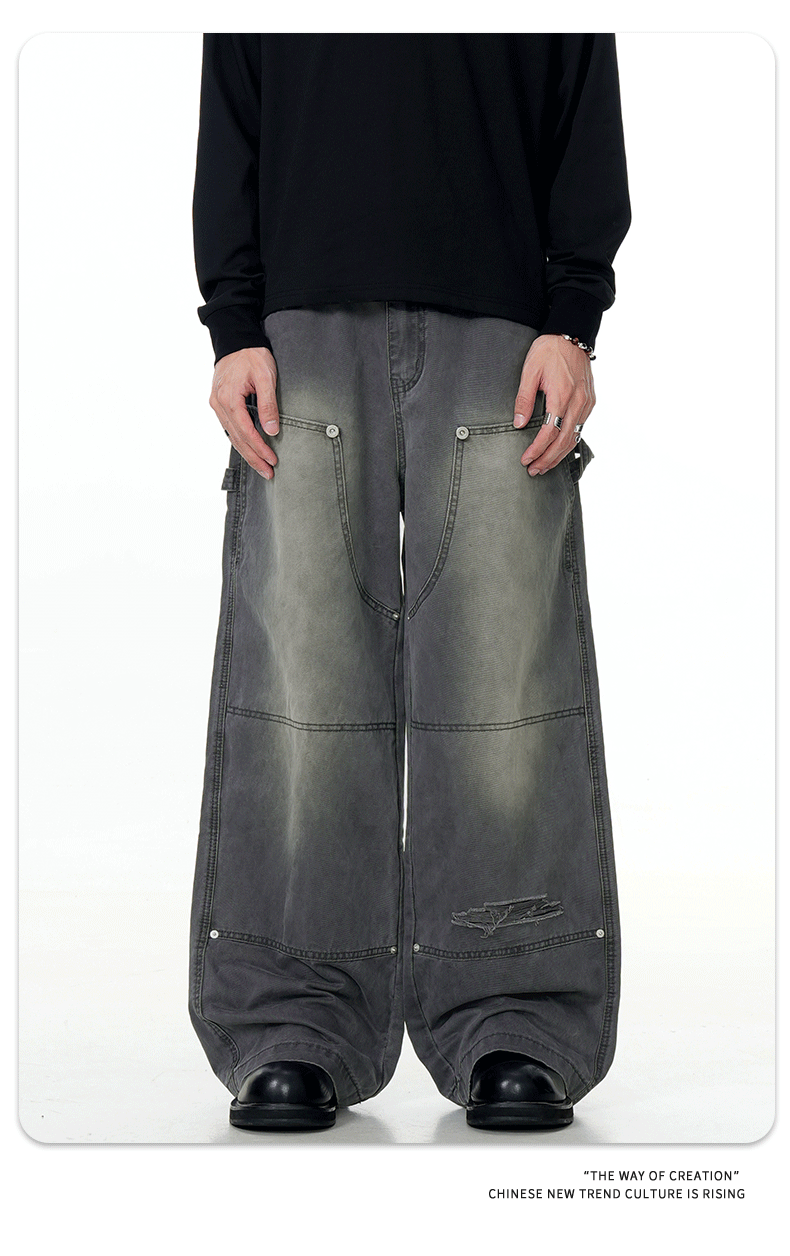 Carpenter Work Pants for Men and Women Vintage Washed Distressed Riveted Denim Loose Straight Leg Long Trousers