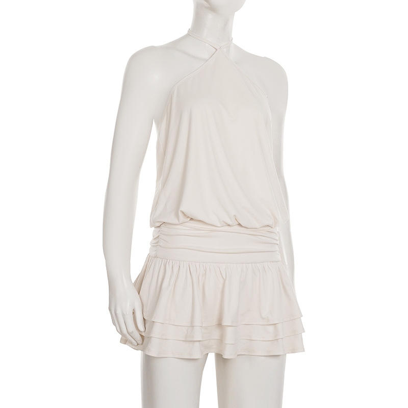 Hanging neck lace up short skirt sleeveless casual backless solid color dress