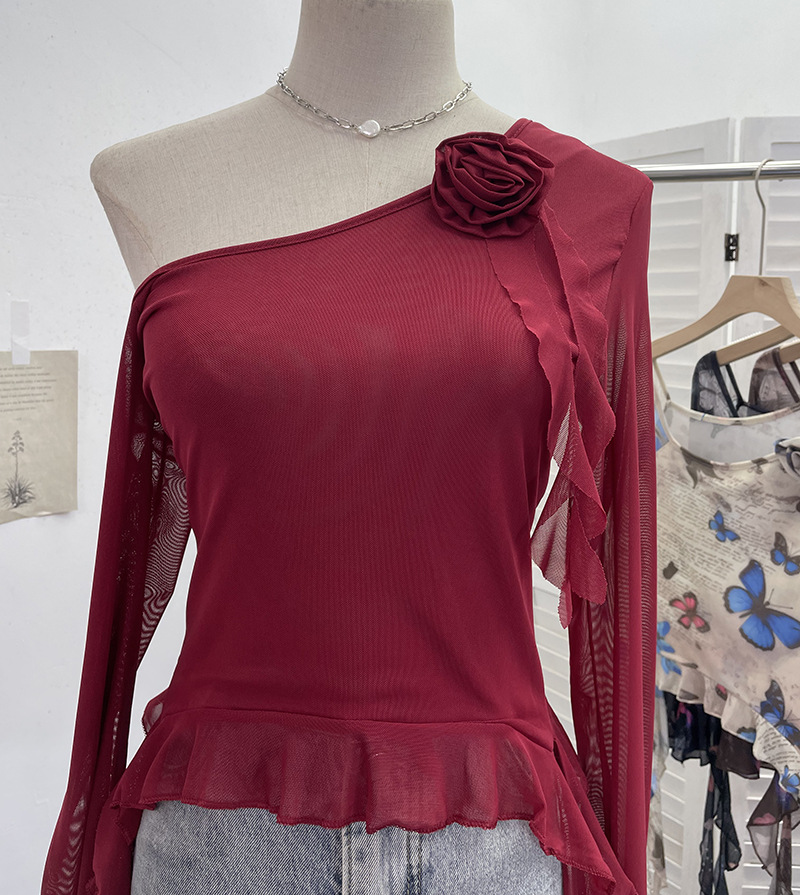 Asymmetric Pointed Floral Off-Shoulder Full Sleeve Top