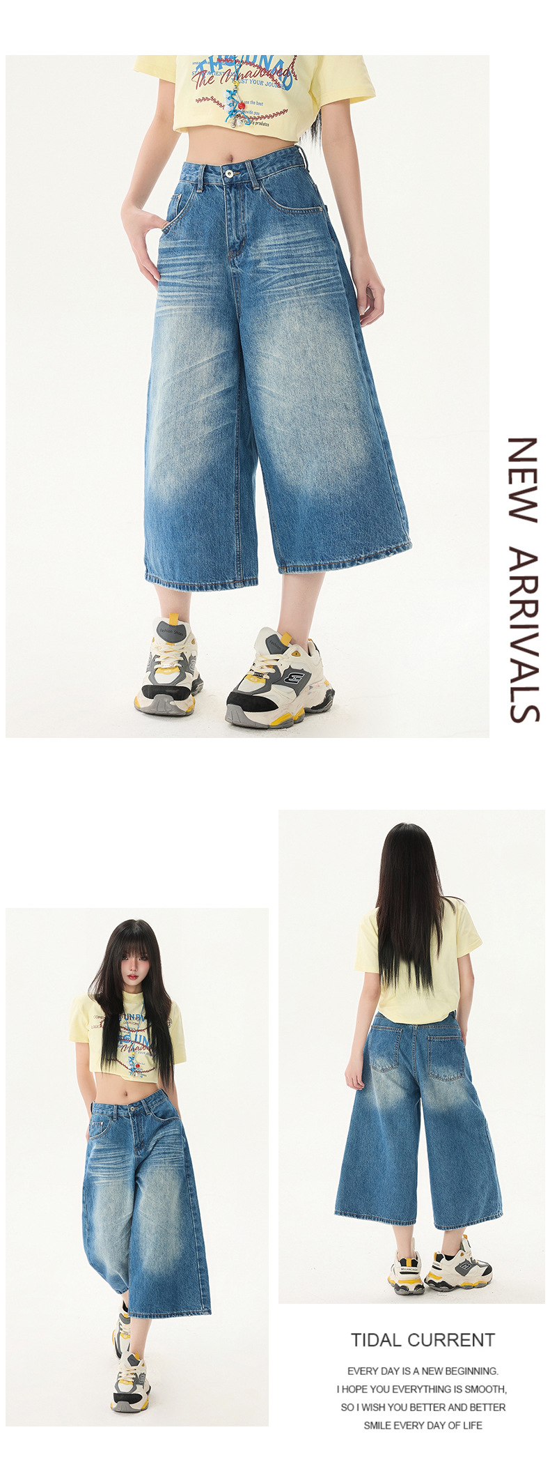 Design Creased 7/8 Length Jeans Women Summer Loose Wide-Leg Casual Lazy Mid-Length Pants