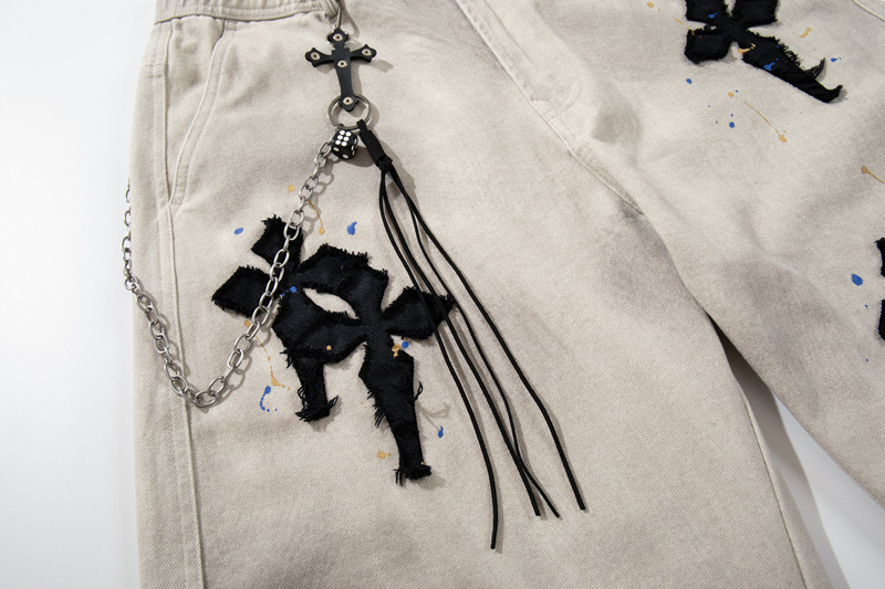 Street Style Luxury Cross Patch Embroidery Color Splatter Hand-painted Straight Leg Hip-hop Loose Jeans