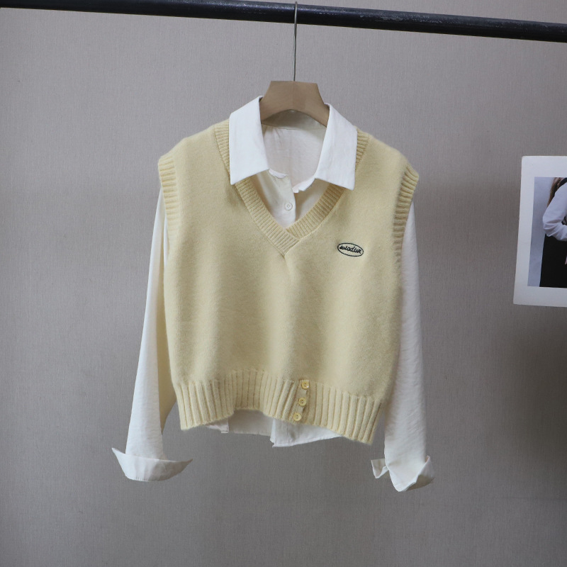 Fashion Two-Piece Set Shirt + Letter Embroidered Knit Vest for Women