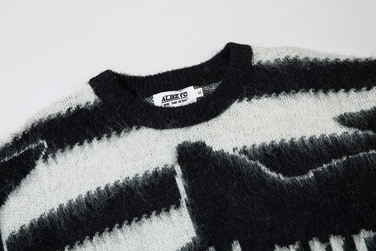 Striped Star Mohair Crew Neck Sweater Men's Loose Casual Couple Knit Top