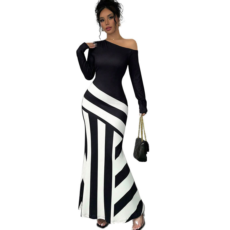 Ladies Long Sleeve Polyester Asymmetric Pattern Dress
