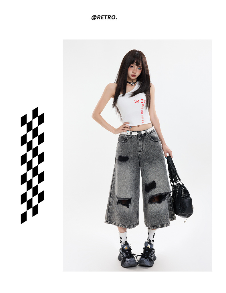 Black Gray Hole Seven-Point Denim Pants Women Vintage Wide-Leg Straight Leg Pants High Street Trendy