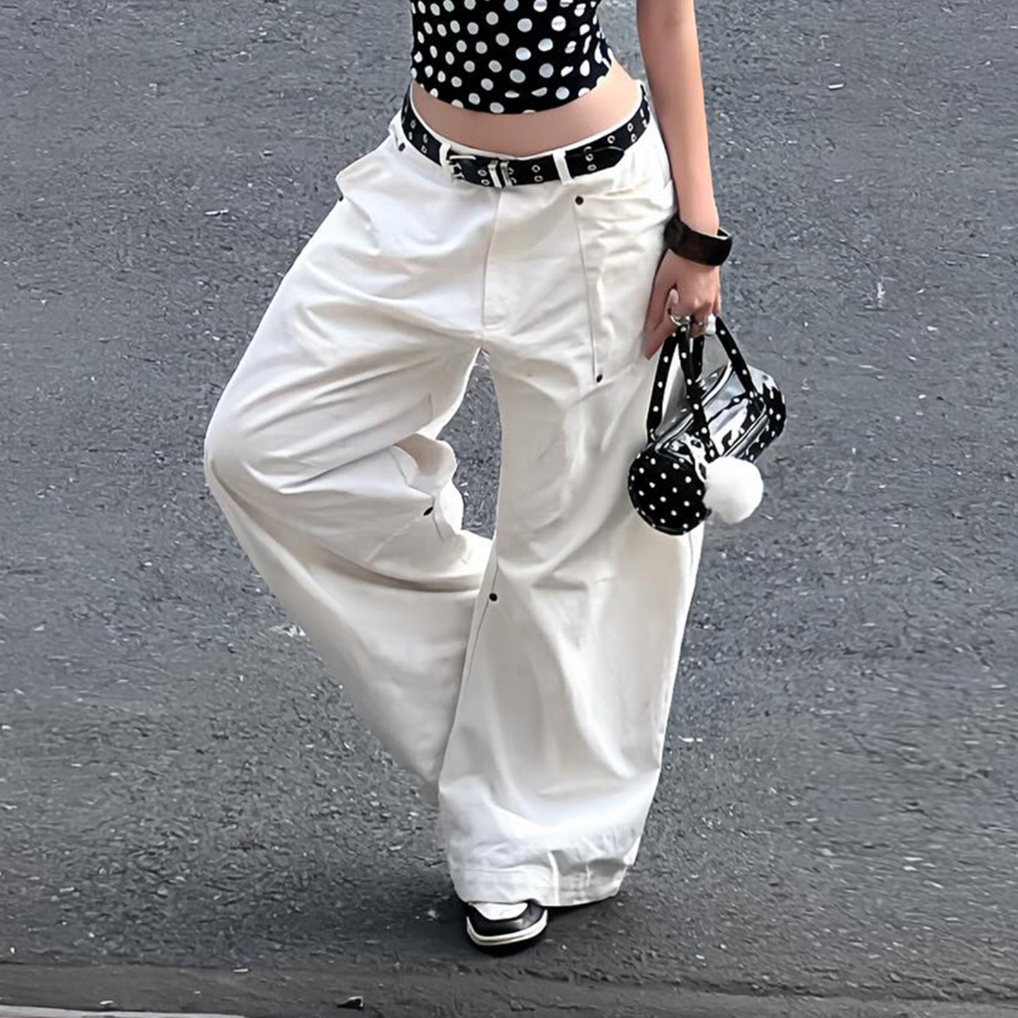 Unique Spicy Girl Women's Wide Leg Jeans with Rivet Decoration, Irregular Design, Loose Fit Casual Long Pants for Women