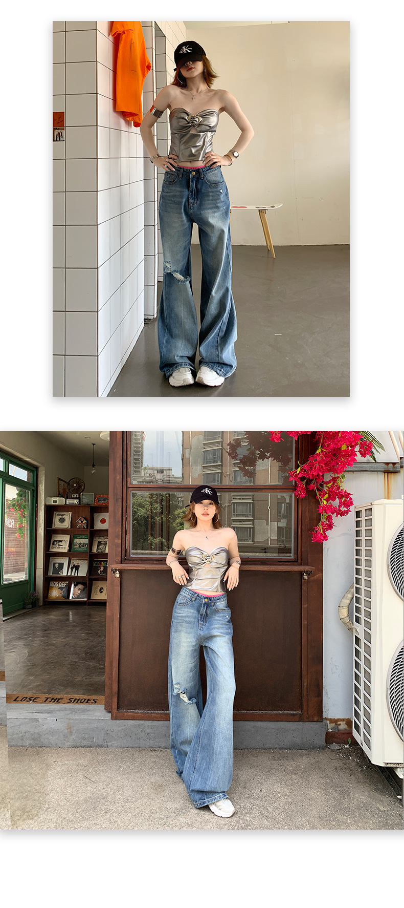 Women's Denim Blue Distressed Wide Leg Pants Loose Fit Slimming Floor Length Trousers