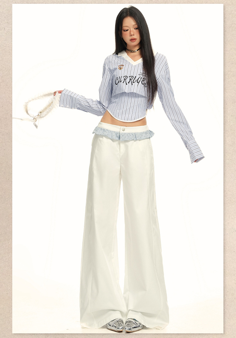 Women's Wide-Leg Casual Pants with White Lace Splicing
