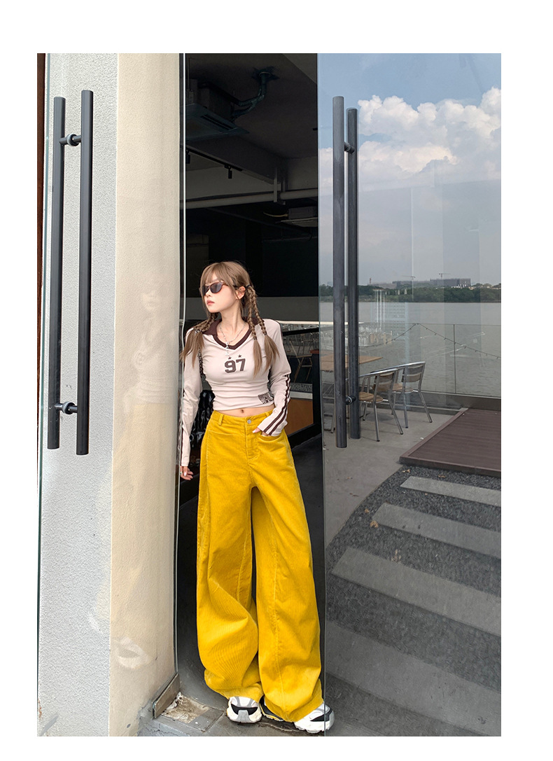 Women's Yellow Casual Pants Loose Wide Leg High Waist Corduroy Sweatpants