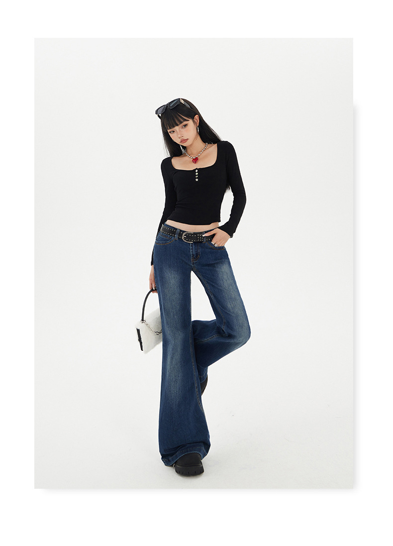Blue Low-Waist Flared Jeans for Women Autumn Casual Versatile Hanging Flared Pants