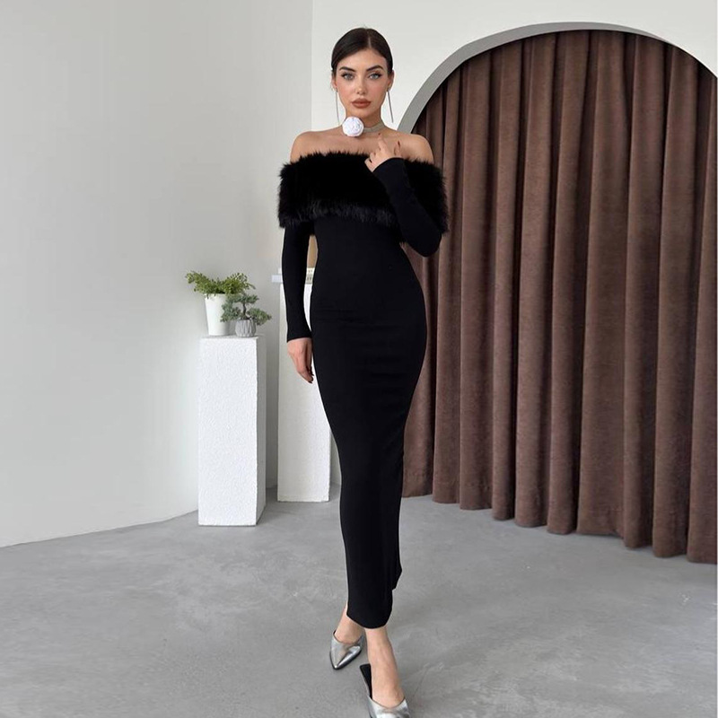 Ladies' Fitted Straight Neck Three-Quarter Sleeve Long Dress