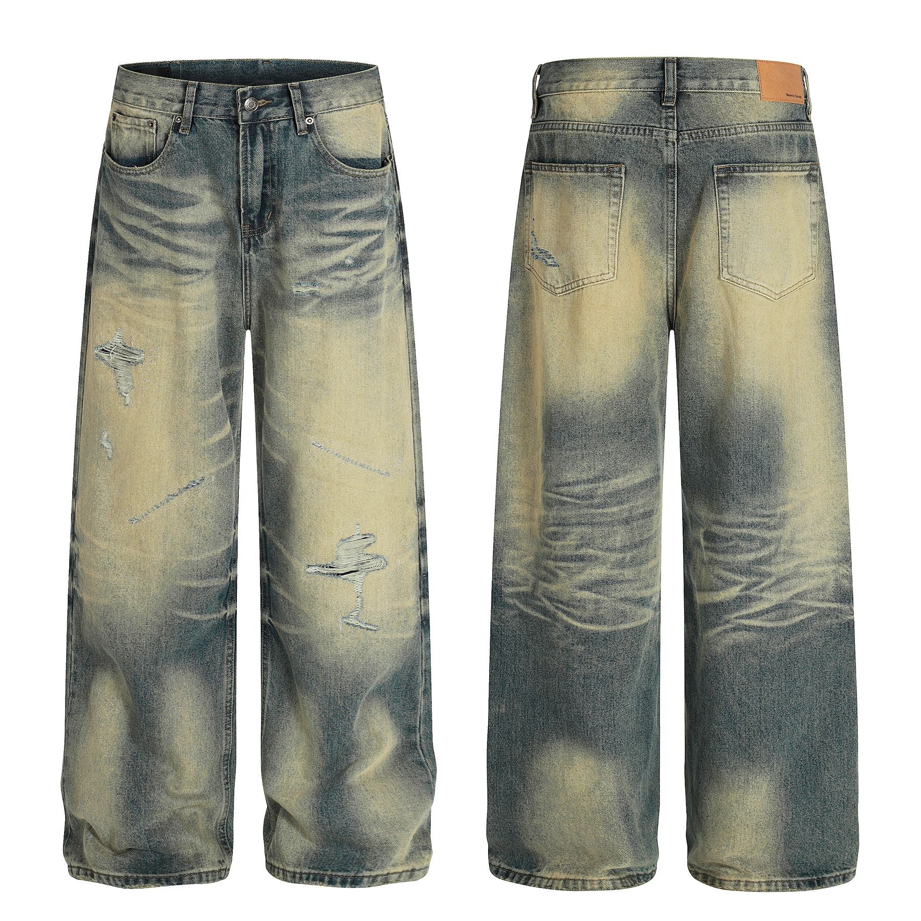 Style Trendy Unisex Street Retro Vintage Blue Cat Whisker Pattern Distressed Design Loose Fit Men's Jeans