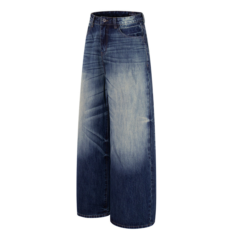 Vintage High-Quality INS Denim Pants Men High Street Washed Gradient Distressed Catwhisker Minimalist Wide-Leg Straight Leg Pants