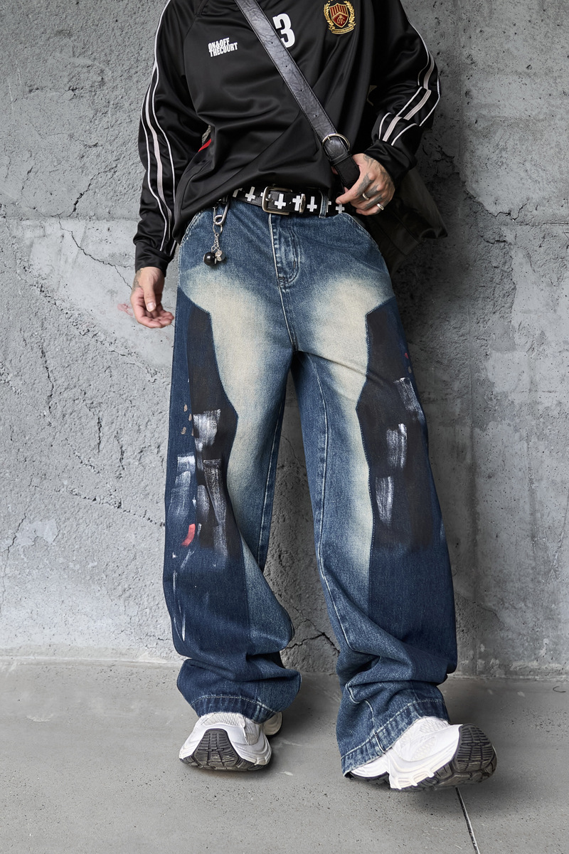 Hip-hop Style Dyed Graffiti Denim Pants for Men and Women, High Street Fashion, Straight Leg, Loose Fit, Casual Long Pants