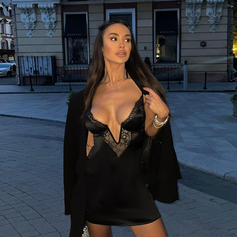 Sleeveless Short Plunging Polyester Dress
