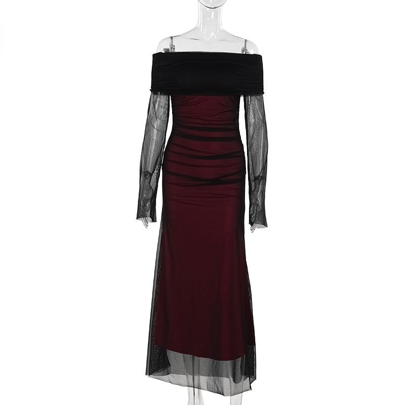 Asymmetric Neckline Three-Quarter Sleeve Polyester Long Mid-Rise Dress